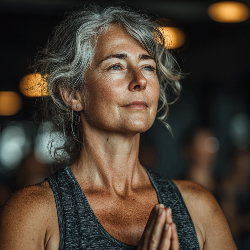 Senioři cvičící jógu v klidném prostředí